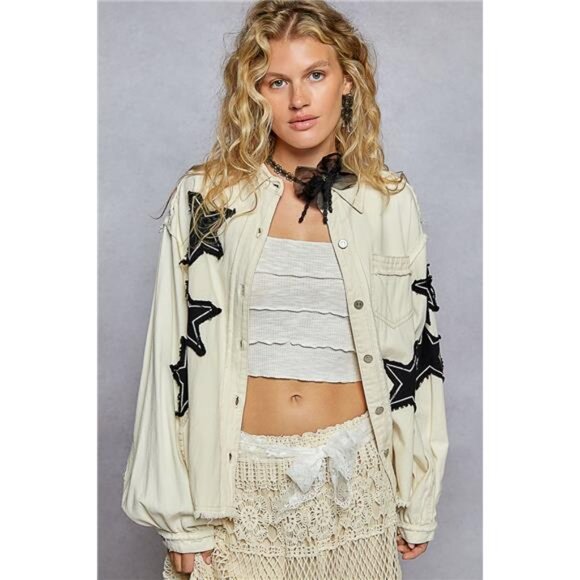 POL Star Patch Raw Hem Button Up Denim Jacket - Picture 1 of 4